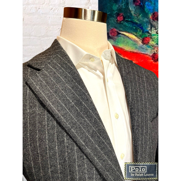 Vintage Polo Ralph Lauren 40R Gray Stripe Wide Lapel Flannel Blazer Sport Jacket - Picture 5 of 15
